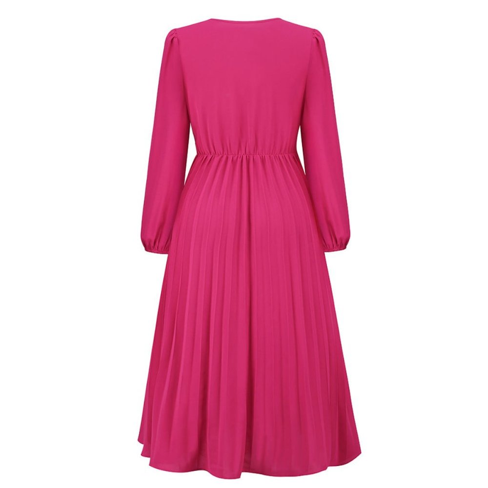 Rose Red V Neck Long Sleeve Tie Waist A-Line Midi Dress - Picture 6 of 8